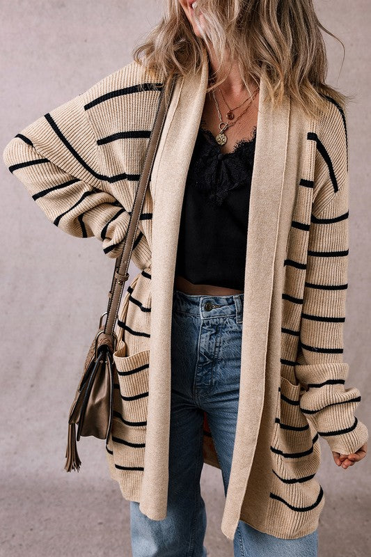 STRIPED SIDE POCKETS OPEN FRONT CARDIGAN