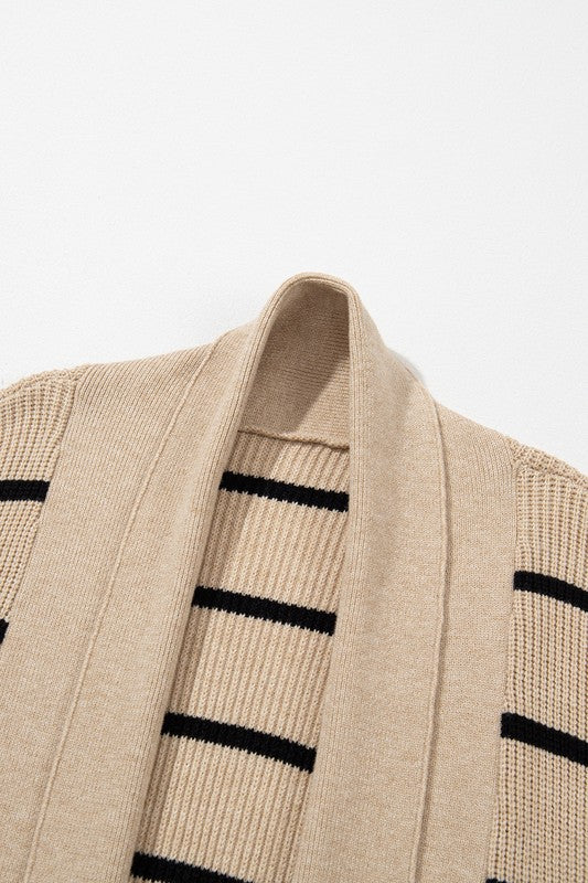 STRIPED SIDE POCKETS OPEN FRONT CARDIGAN