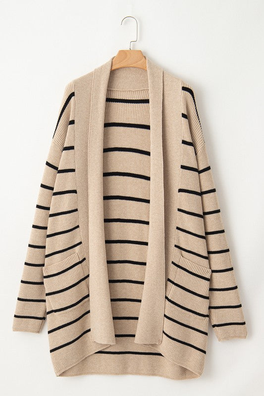STRIPED SIDE POCKETS OPEN FRONT CARDIGAN