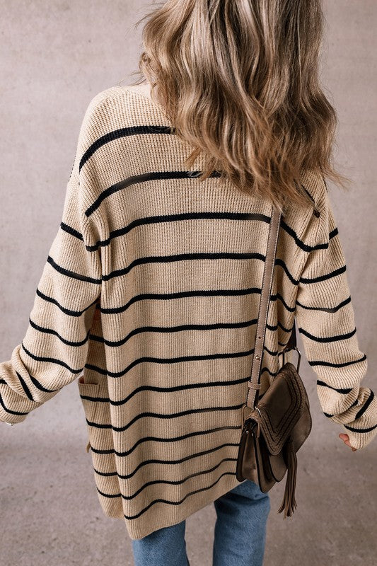 STRIPED SIDE POCKETS OPEN FRONT CARDIGAN