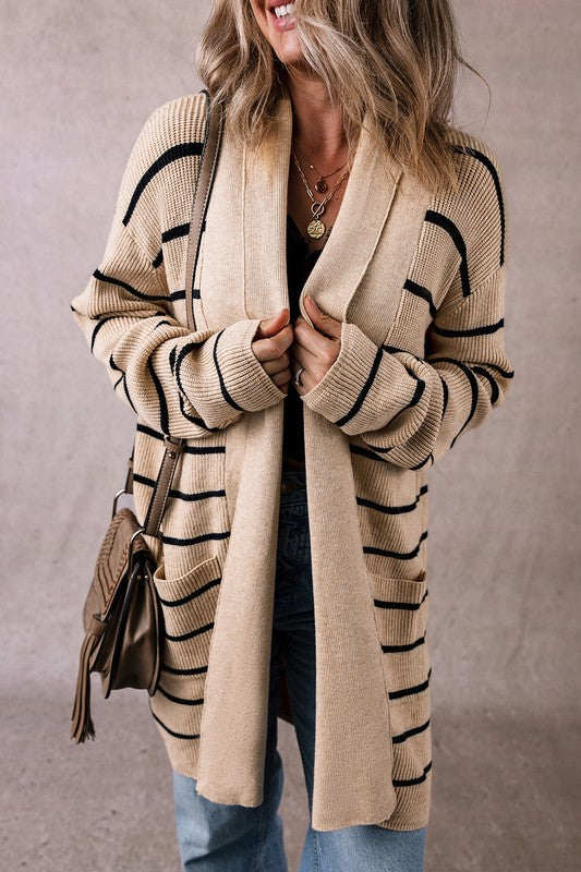 STRIPED SIDE POCKETS OPEN FRONT CARDIGAN