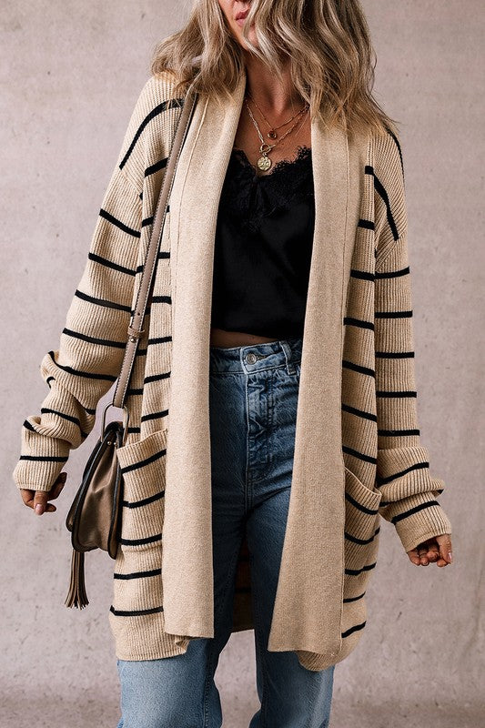 STRIPED SIDE POCKETS OPEN FRONT CARDIGAN