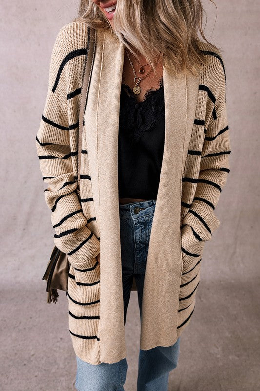 STRIPED SIDE POCKETS OPEN FRONT CARDIGAN