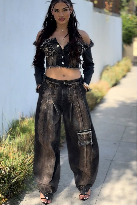 DISTRESSED DENIM CROP TOP AND CARGO PANTS SET