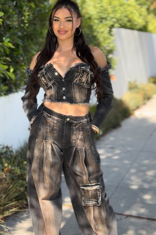 DISTRESSED DENIM CROP TOP AND CARGO PANTS SET