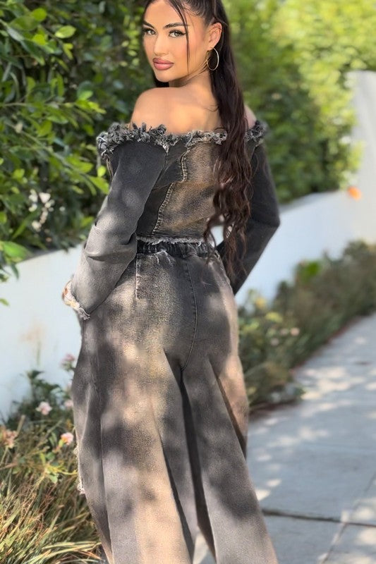 DISTRESSED DENIM CROP TOP AND CARGO PANTS SET