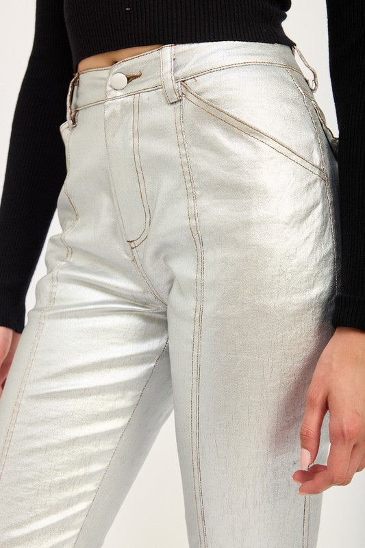 METALLIC FLARED HEM PANTS