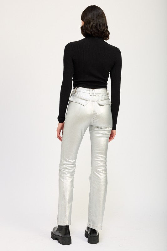 METALLIC FLARED HEM PANTS
