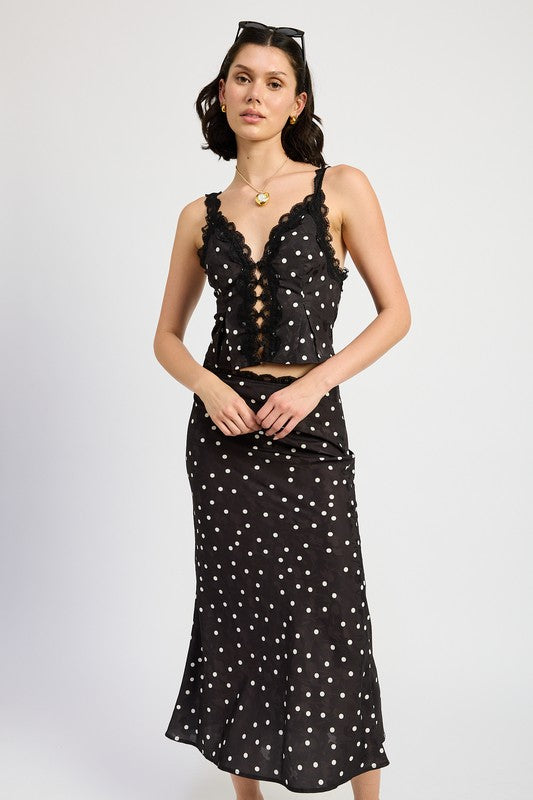 POLKA DOT SATIN MIDI SKIRT WITH LACE TRIM