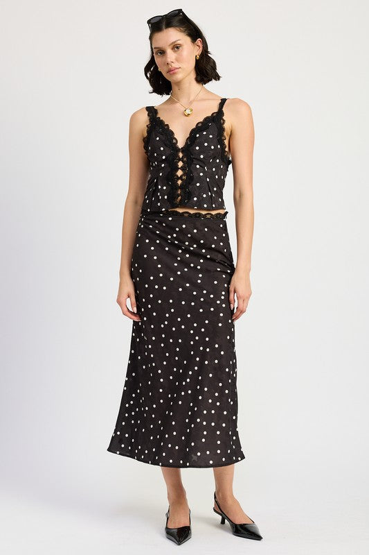 POLKA DOT SATIN MIDI SKIRT WITH LACE TRIM