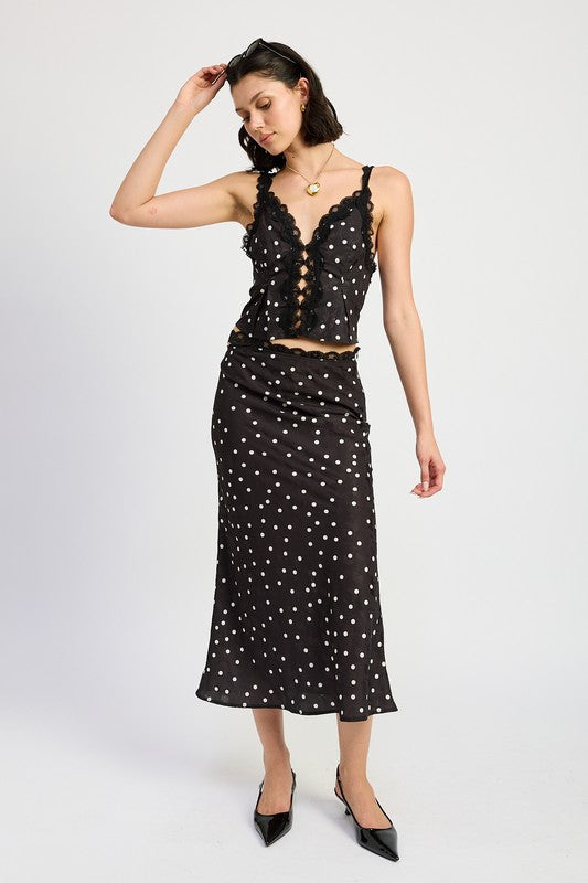 POLKA DOT SATIN MIDI SKIRT WITH LACE TRIM