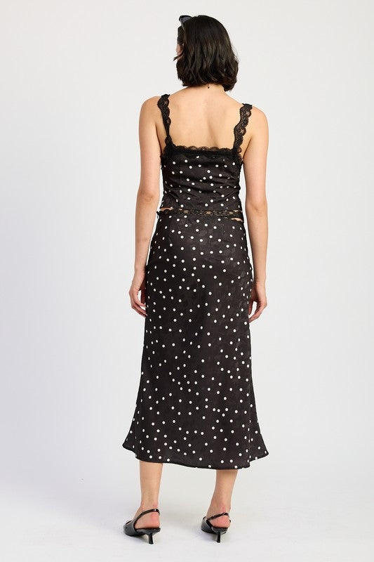 POLKA DOT SATIN MIDI SKIRT WITH LACE TRIM