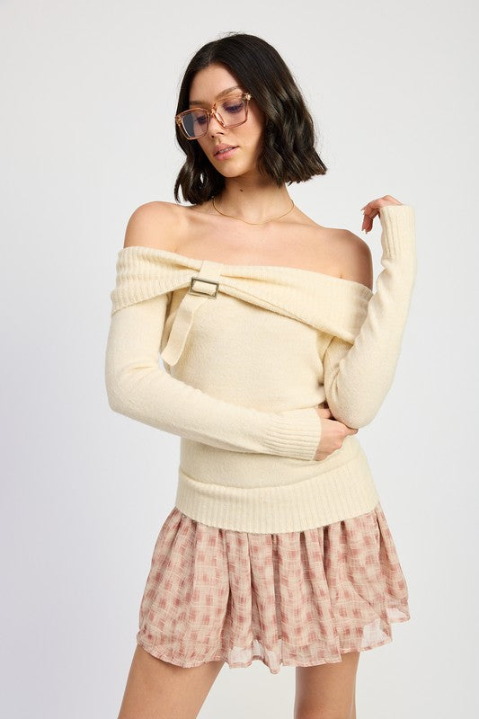 MIXED MEDIA OFF THE SHOULDER MINI DRESS