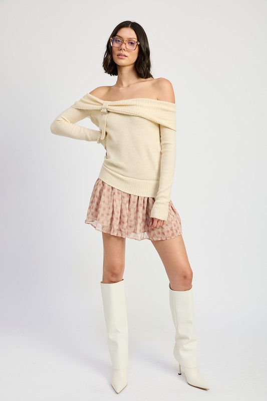 MIXED MEDIA OFF THE SHOULDER MINI DRESS