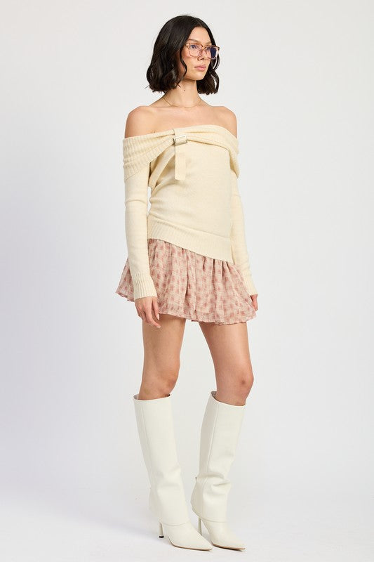 MIXED MEDIA OFF THE SHOULDER MINI DRESS