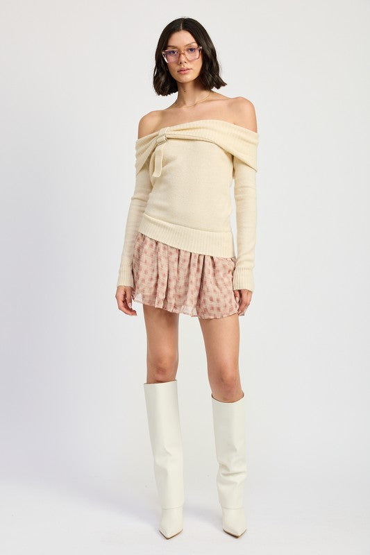 MIXED MEDIA OFF THE SHOULDER MINI DRESS
