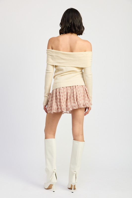 MIXED MEDIA OFF THE SHOULDER MINI DRESS