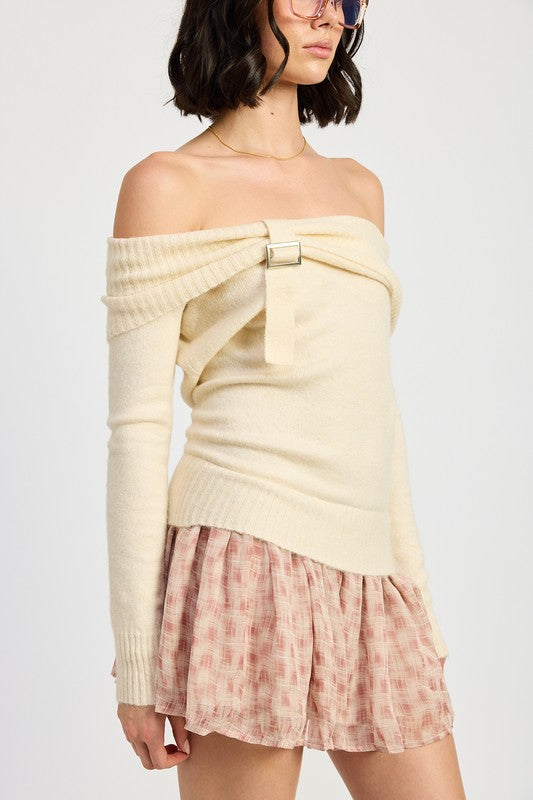 MIXED MEDIA OFF THE SHOULDER MINI DRESS