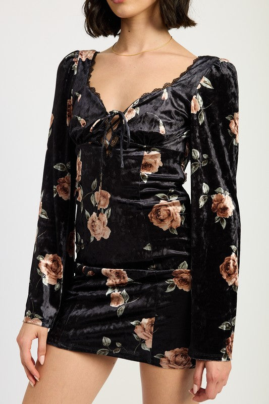 LACE UP FLORAL DRESS WITH OPEN BACK