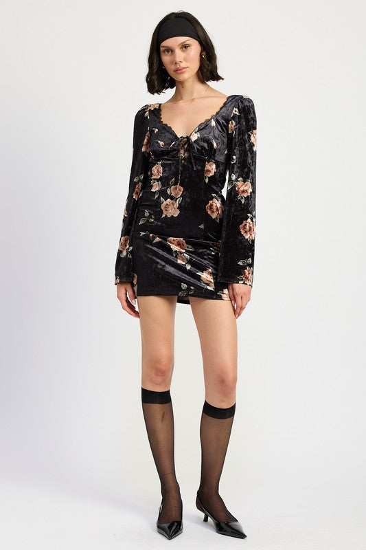 LACE UP FLORAL DRESS WITH OPEN BACK