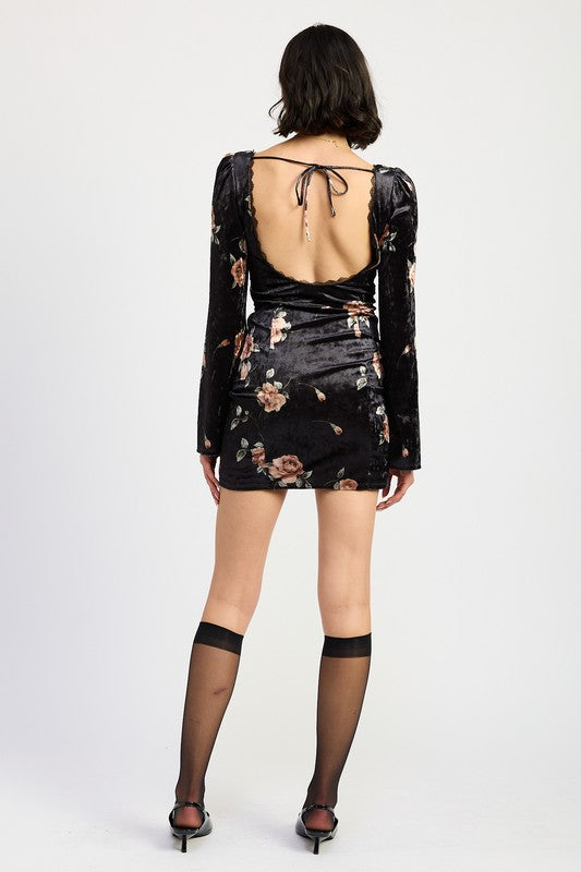 LACE UP FLORAL DRESS WITH OPEN BACK