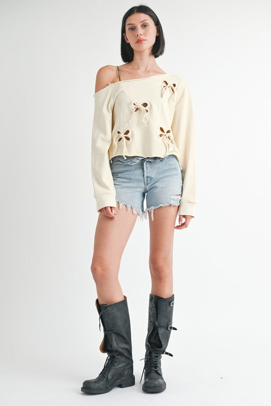 OFF THE SHOULDER FRENCH TERRY TOP WITH CUTOUT DETAIL