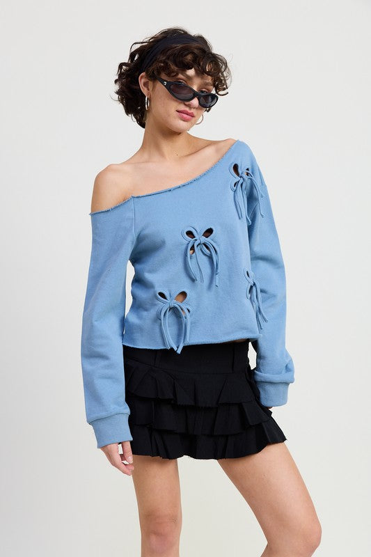 OFF THE SHOULDER FRENCH TERRY TOP WITH CUTOUT DETAIL