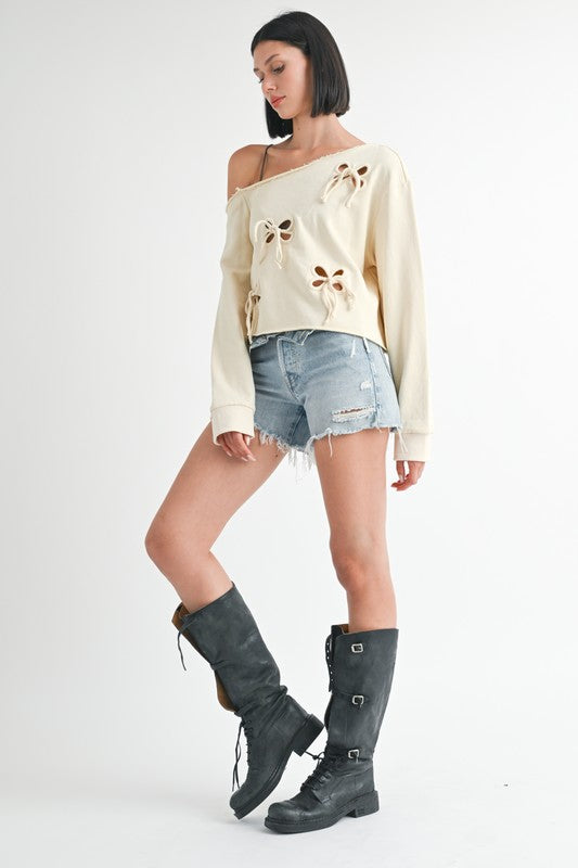 OFF THE SHOULDER FRENCH TERRY TOP WITH CUTOUT DETAIL