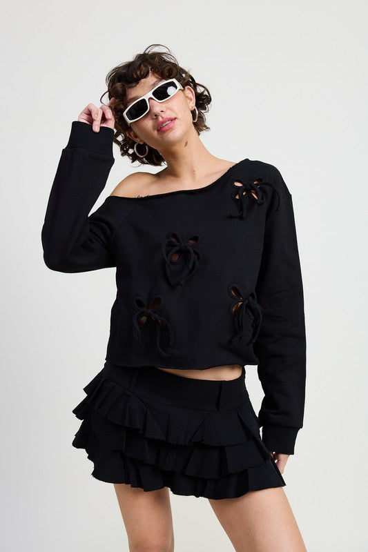 OFF THE SHOULDER FRENCH TERRY TOP WITH CUTOUT DETAIL