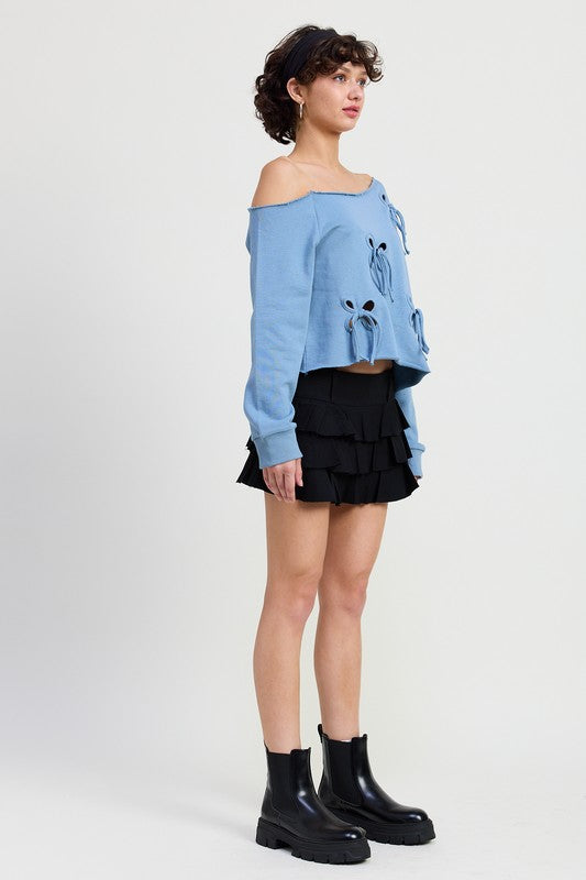 OFF THE SHOULDER FRENCH TERRY TOP WITH CUTOUT DETAIL