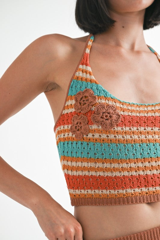 STRIPPED CROCHET HALTER TOP