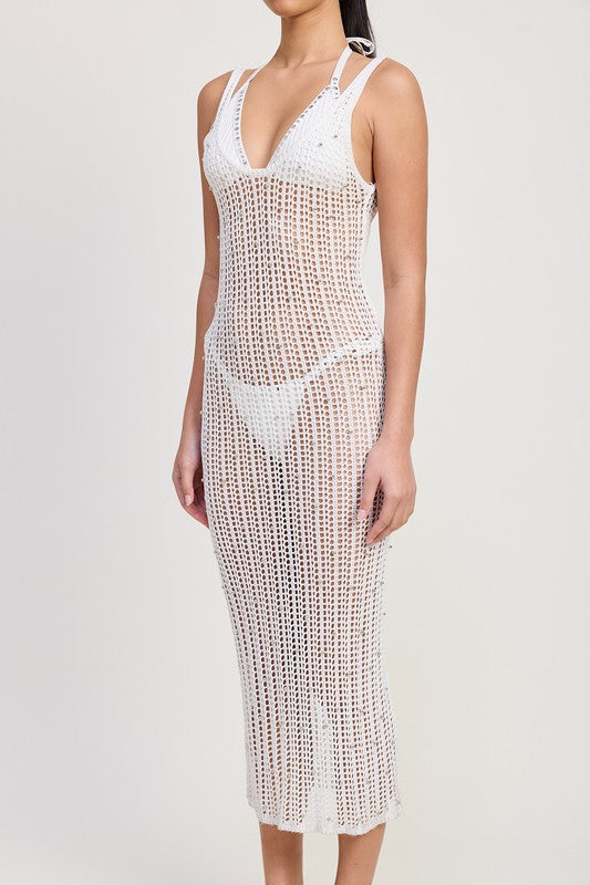 MIDI CROCHET METALLIC BEADED DRESS