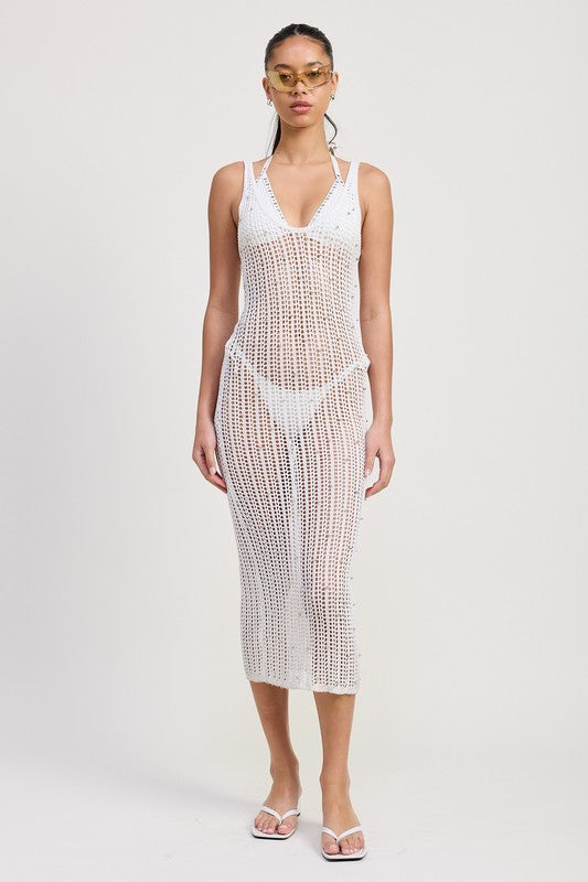 MIDI CROCHET METALLIC BEADED DRESS