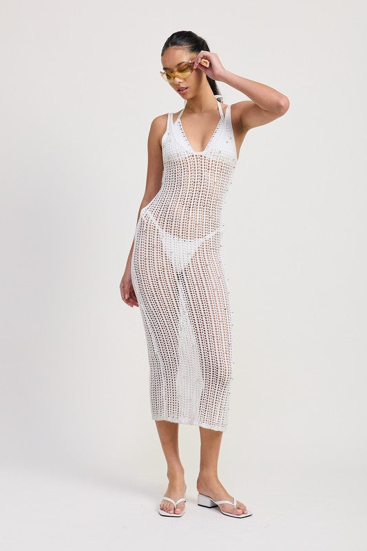 MIDI CROCHET METALLIC BEADED DRESS