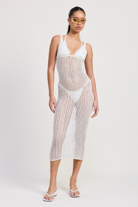 MIDI CROCHET METALLIC BEADED DRESS