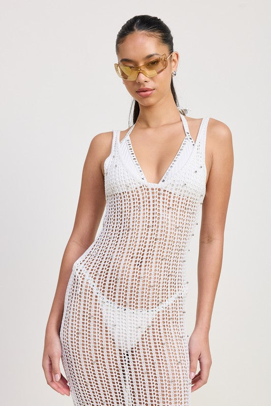 MIDI CROCHET METALLIC BEADED DRESS