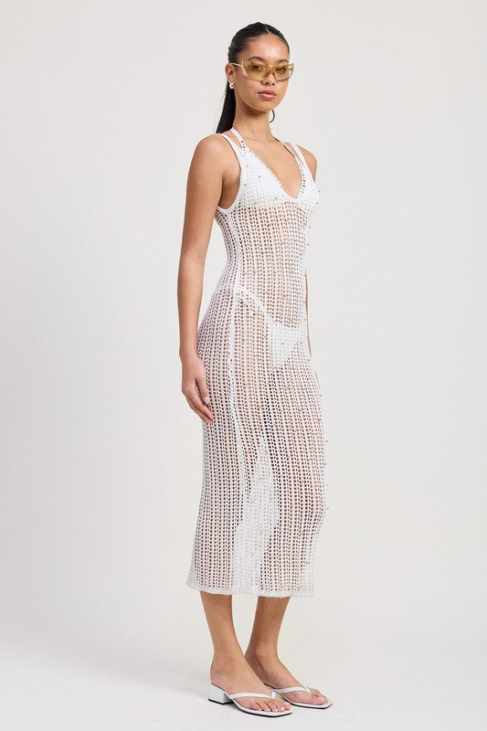 MIDI CROCHET METALLIC BEADED DRESS