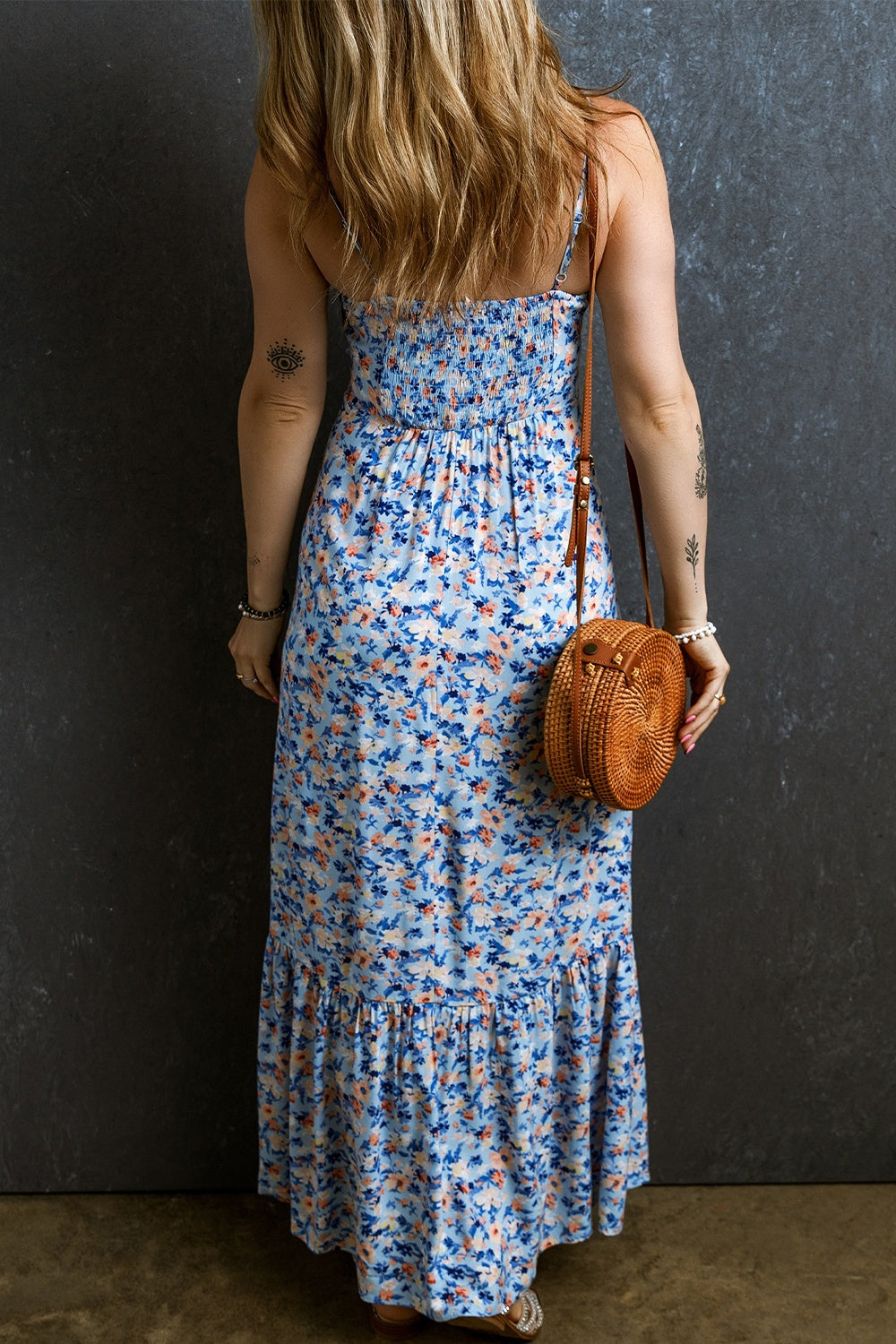 RUCHED RUFFLE HEM PRINTED CAMI DRESS