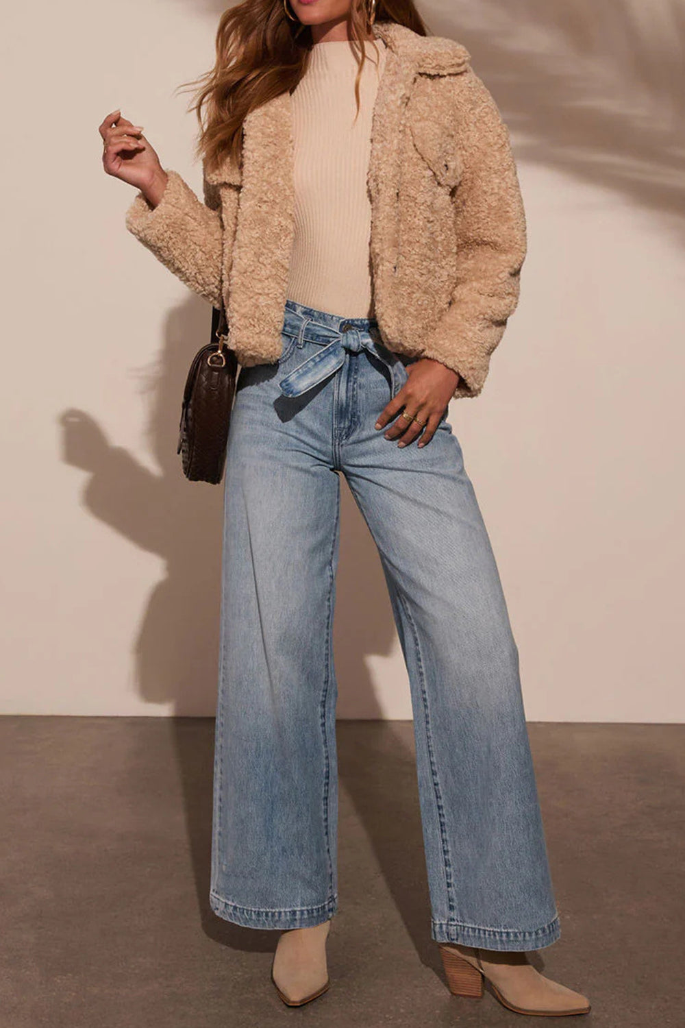 TIED AT WAIST WIDE LEG JEANS WITH POCKETS