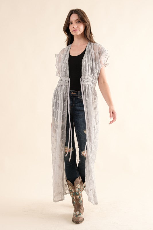 CHIFFON EMBROIDERY LACE KIMONO DUSTER COVER-UP
