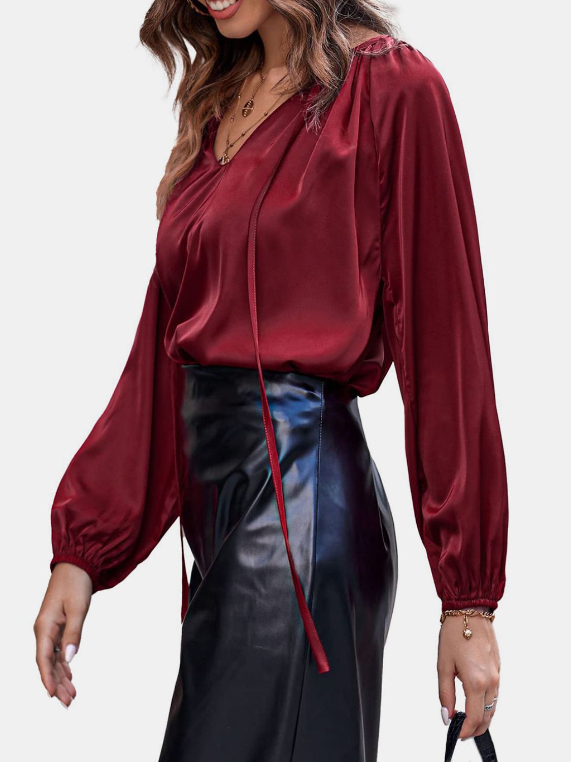 RUCHED TIE NECK BALLOON SLEEVE BLOUSE