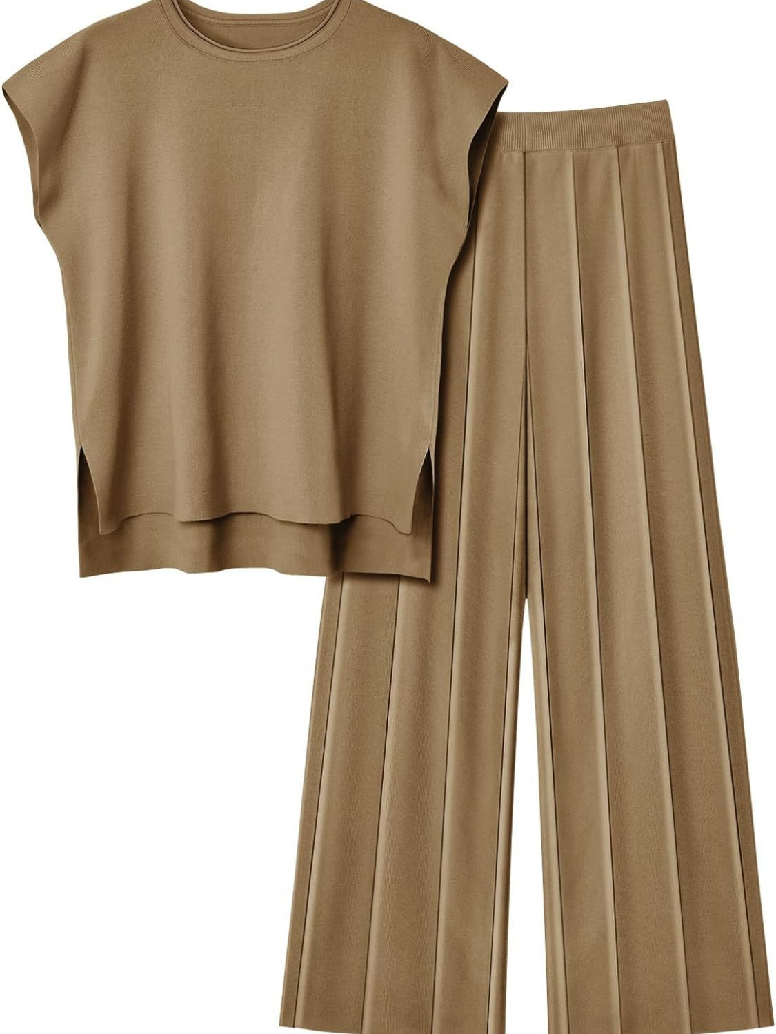 ROUND NECK CAP SLEEVE TOP AND PANTS KNIT SET