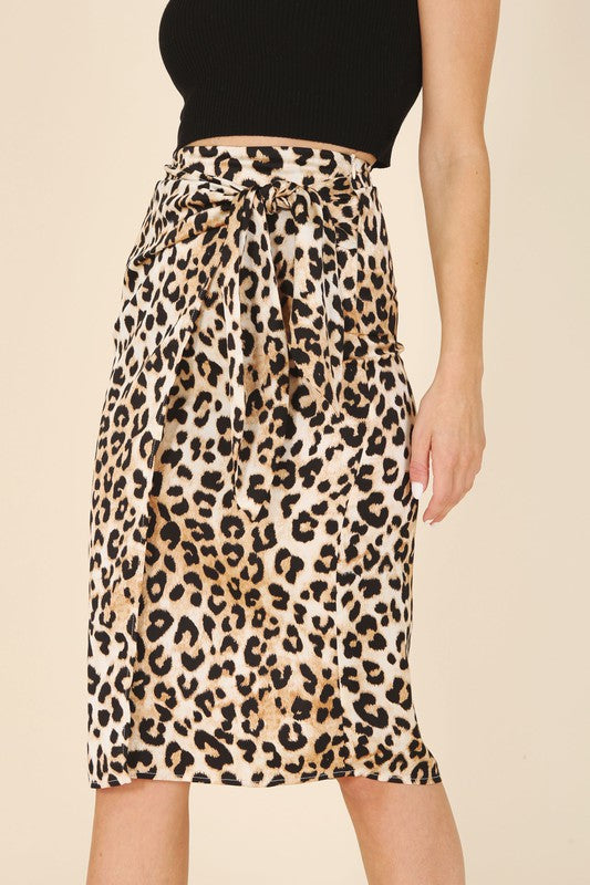 SATIN LEOPARD TIE MIDI SKIRT