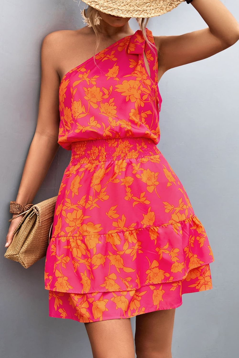 TIED SMOCKED PRINTED ONE SHOULDER DRESS