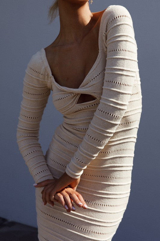 CROCHET KNIT LONG SLEEVE MIDI DRESS