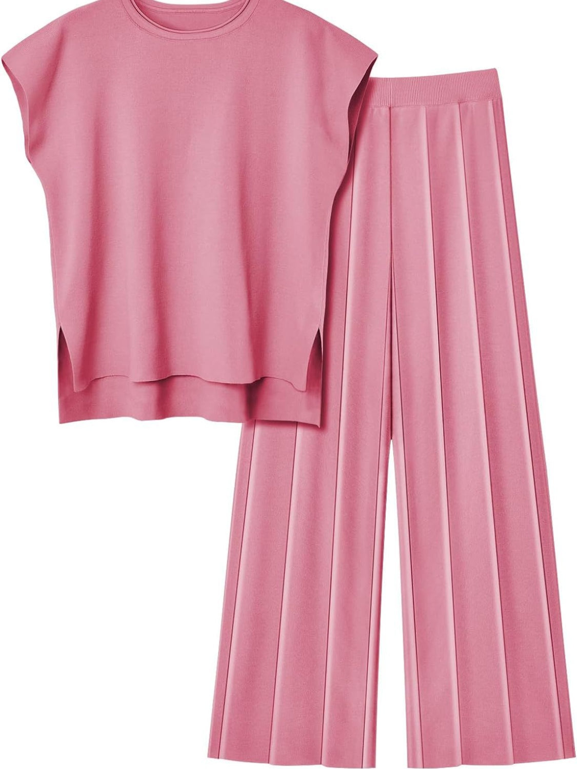 ROUND NECK CAP SLEEVE TOP AND PANTS KNIT SET