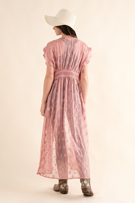 CHIFFON EMBROIDERY LACE KIMONO DUSTER COVER-UP