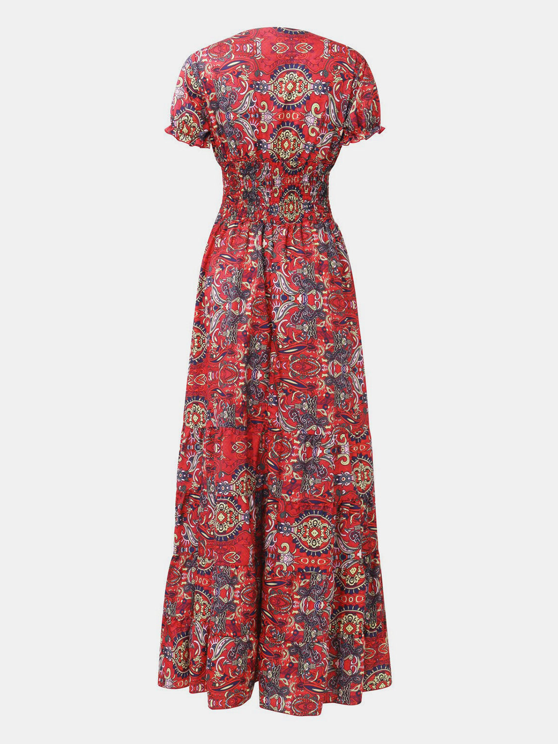 SMOCKED PRINTED V-NECK SHORT SLEEVE DRESS