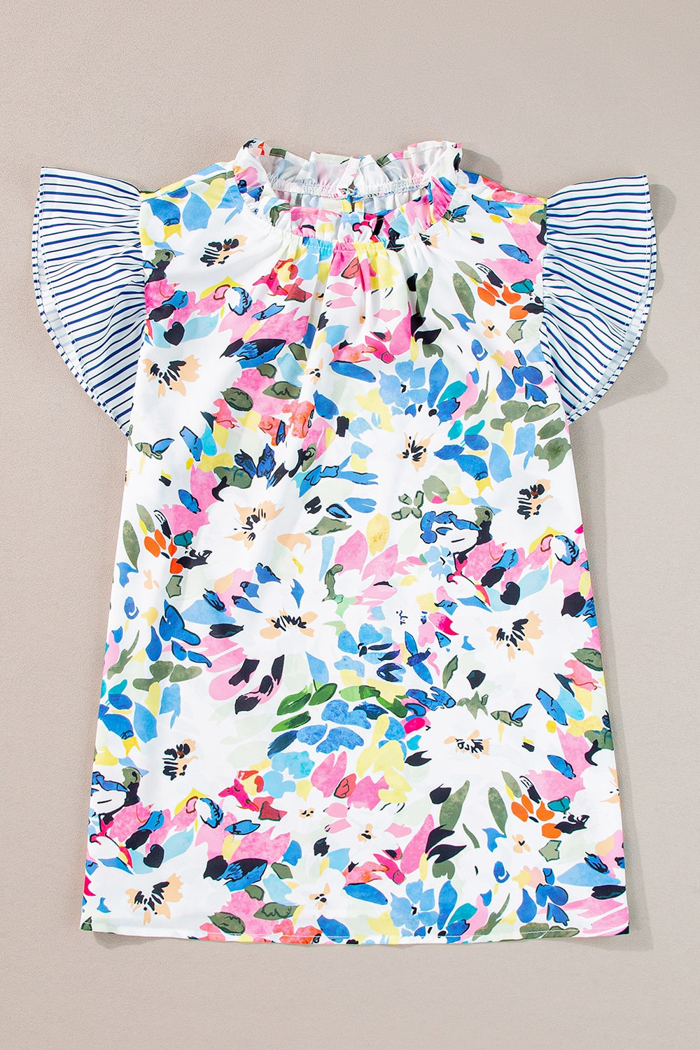RUFFLED PRINTED MOCK NECK CAP SLEEVE BLOUSE