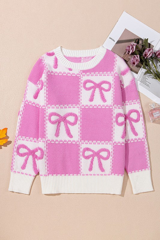 PINK BOW KNOT TWO TONE CHECKERED CREW NECK SWEATERS